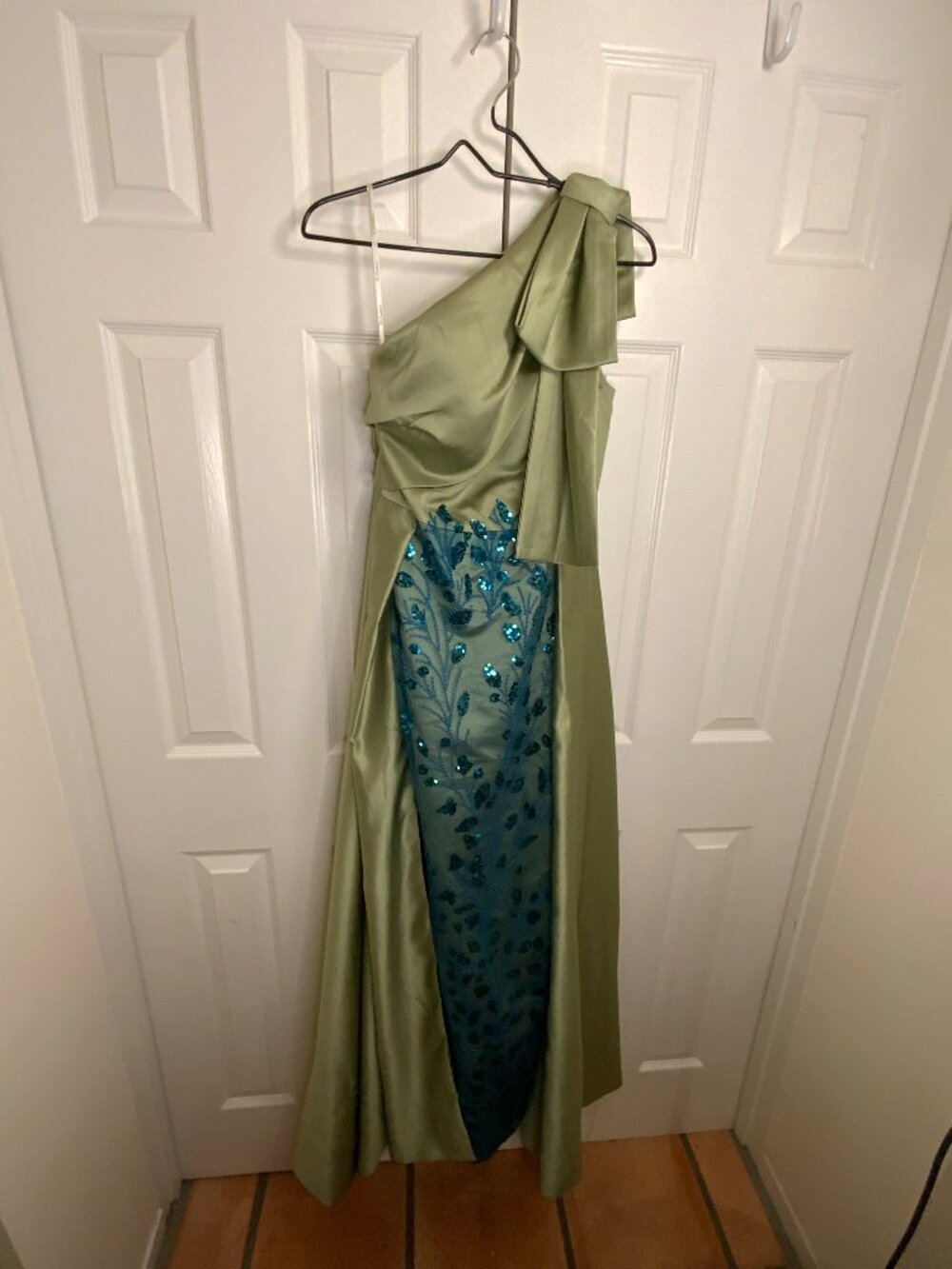 TS Couture One Shoulder Satin Formal Gown Beaded Sequin Panel Dress